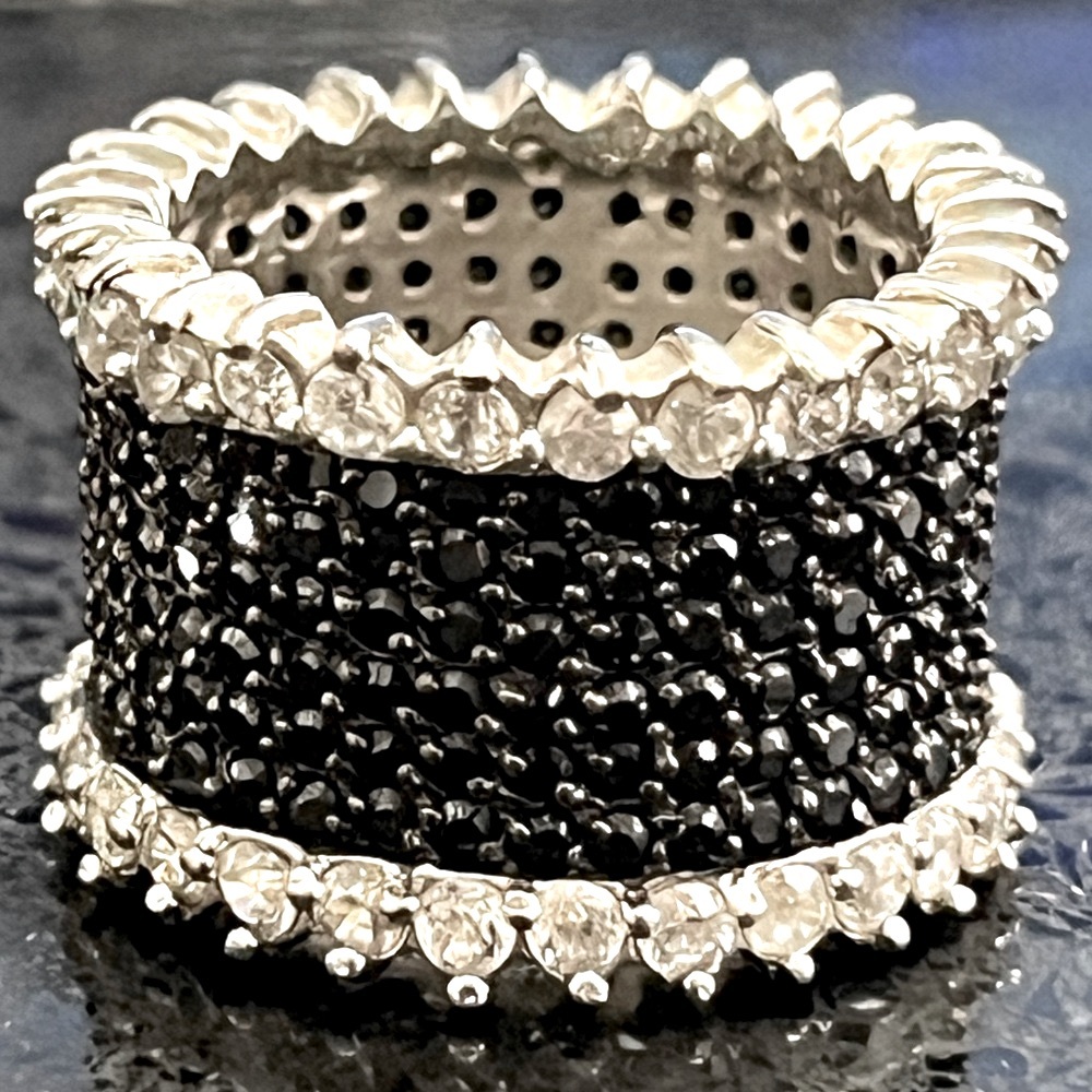 Black white CZ diamond eternity band wedding cocktail statement ring silver QVC